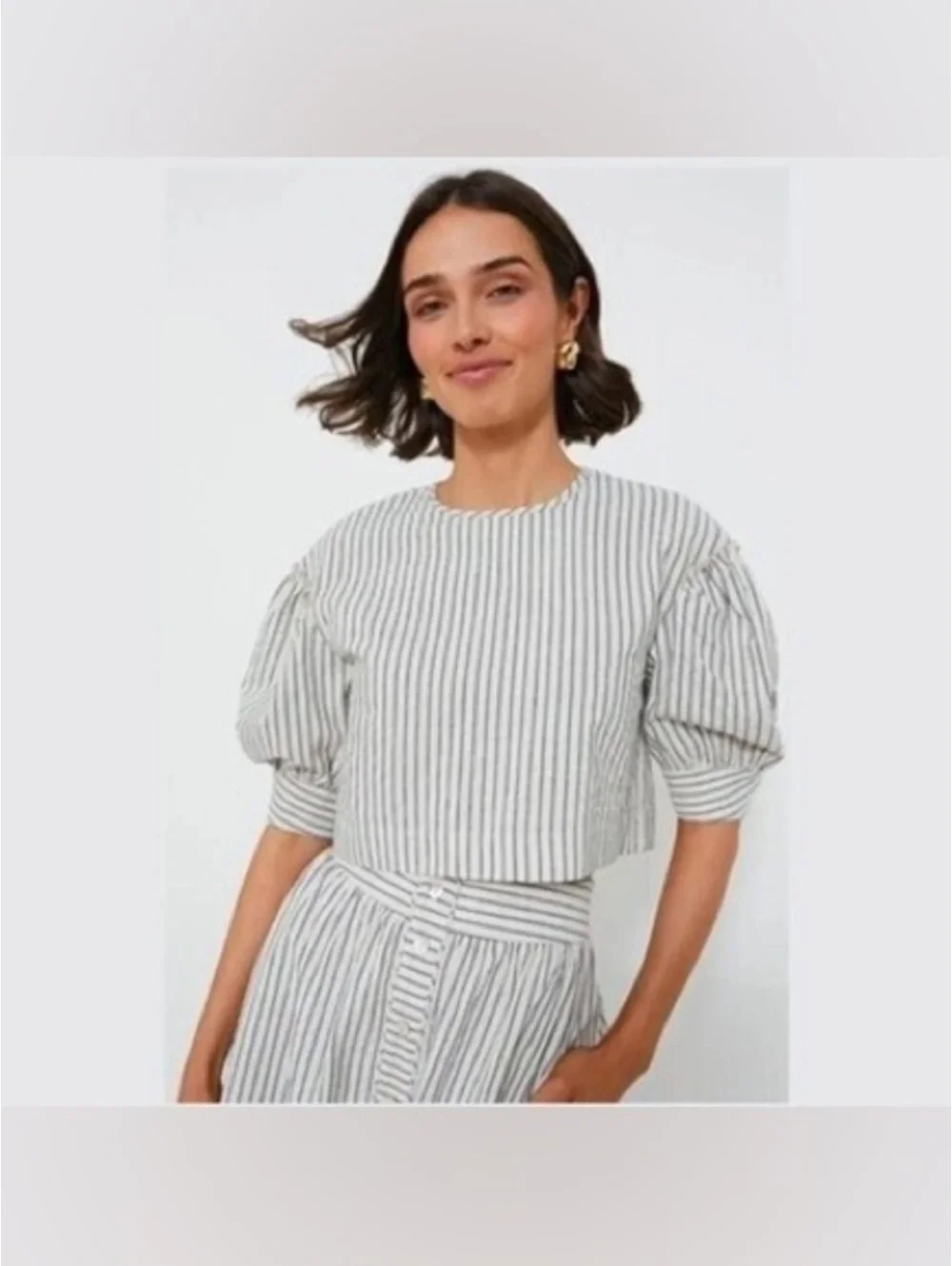 Tuckernuck Blue Linen Stripe Puff Sleeve Edie Top